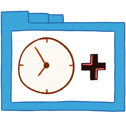 A hollow blue folder with thin lineart. Inside of it is a large white clock on the left, with a black plus sign that has pink highlights to its right.